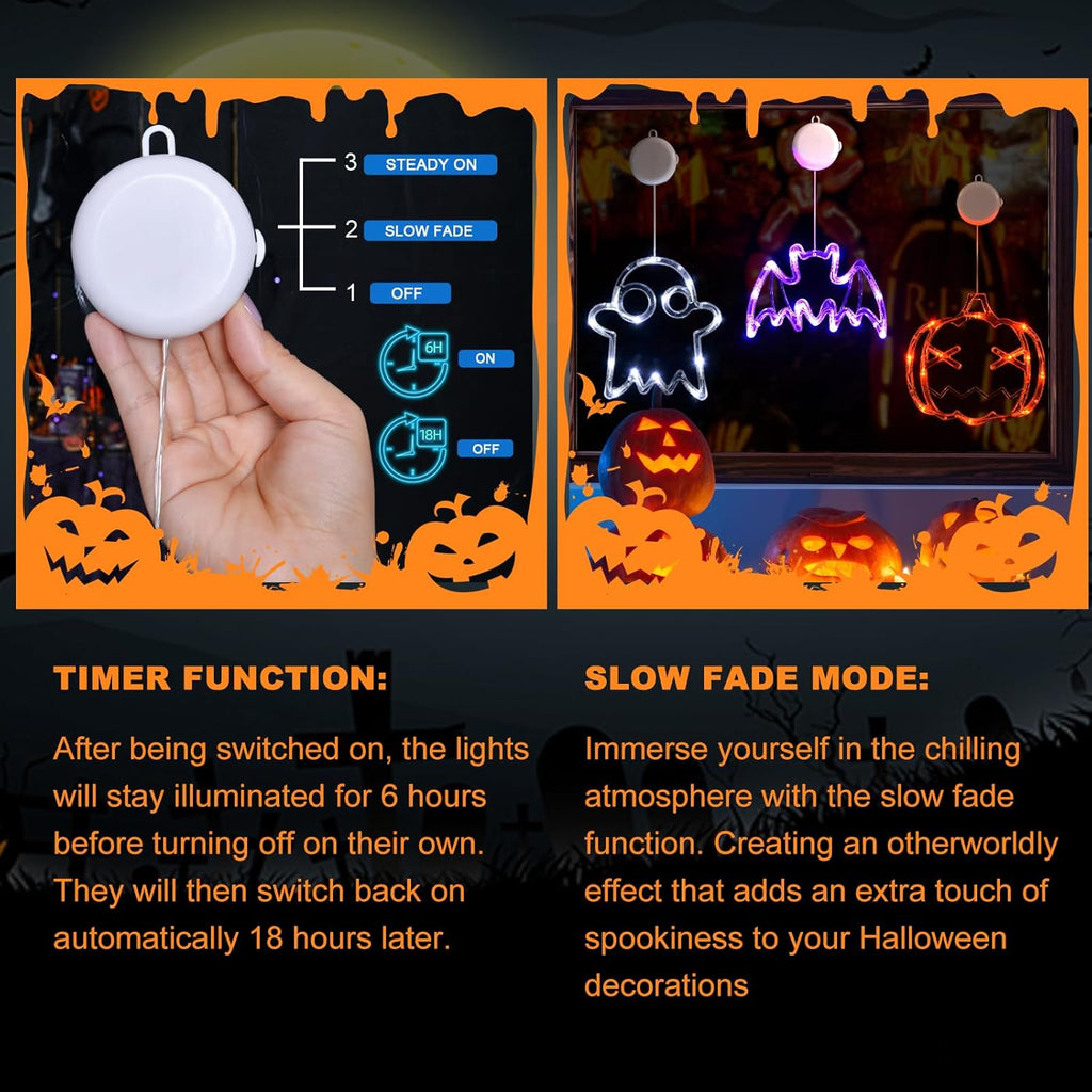 LOLStar Halloween Lights Decorations 2025 3-Pack Orange Pumpkin White Ghost Purple Bat Window Lights with Suction Cups, Battery Operated Halloween LED Lights Window Decor Slow Fade Mode and Timer
