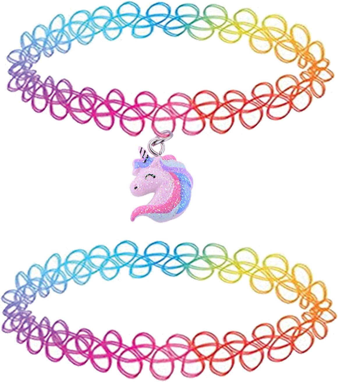 BodyJ4You 2PC Tattoo Choker Necklace - 90s Choker Necklace Women - 2000s Y2K Black Chokers Rainbow Choker - Butterfly Ying Yang Unicorn Rainbow Charms - Stretchy Elastic Necklace