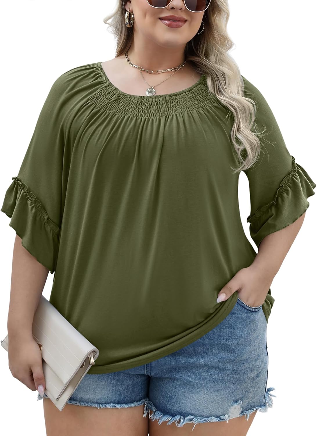 Micoson Womens Plus Size Tops 3/4 Ruffle Sleeve Shirts Crewneck Pleated Blouses Dressy Casual Fashion Tunic Top (1X-5X)