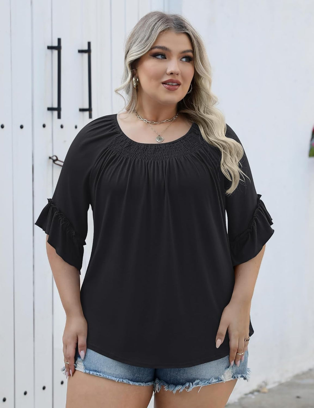 Micoson Womens Plus Size Tops 3/4 Ruffle Sleeve Shirts Crewneck Pleated Blouses Dressy Casual Fashion Tunic Top (1X-5X)