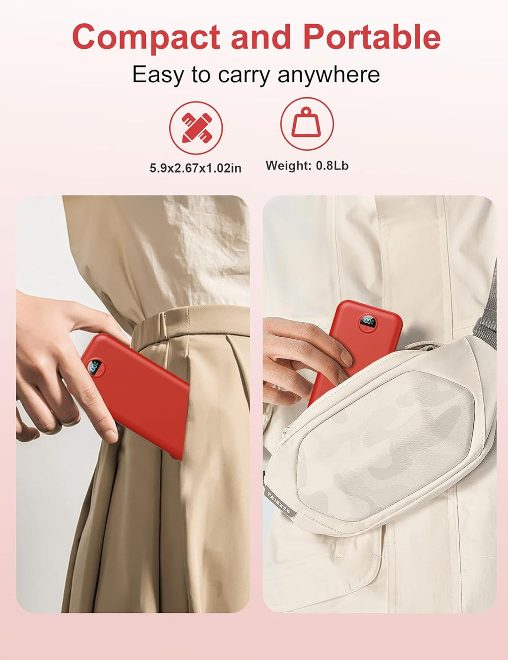 Portable Charger Power Bank, 12000mAh 22.5W USB C Fast Charging with Built-in Cables and Wall Plug, Travel Essential Battery Pack with LED Display for iPhone, iPad, Samsung Pink