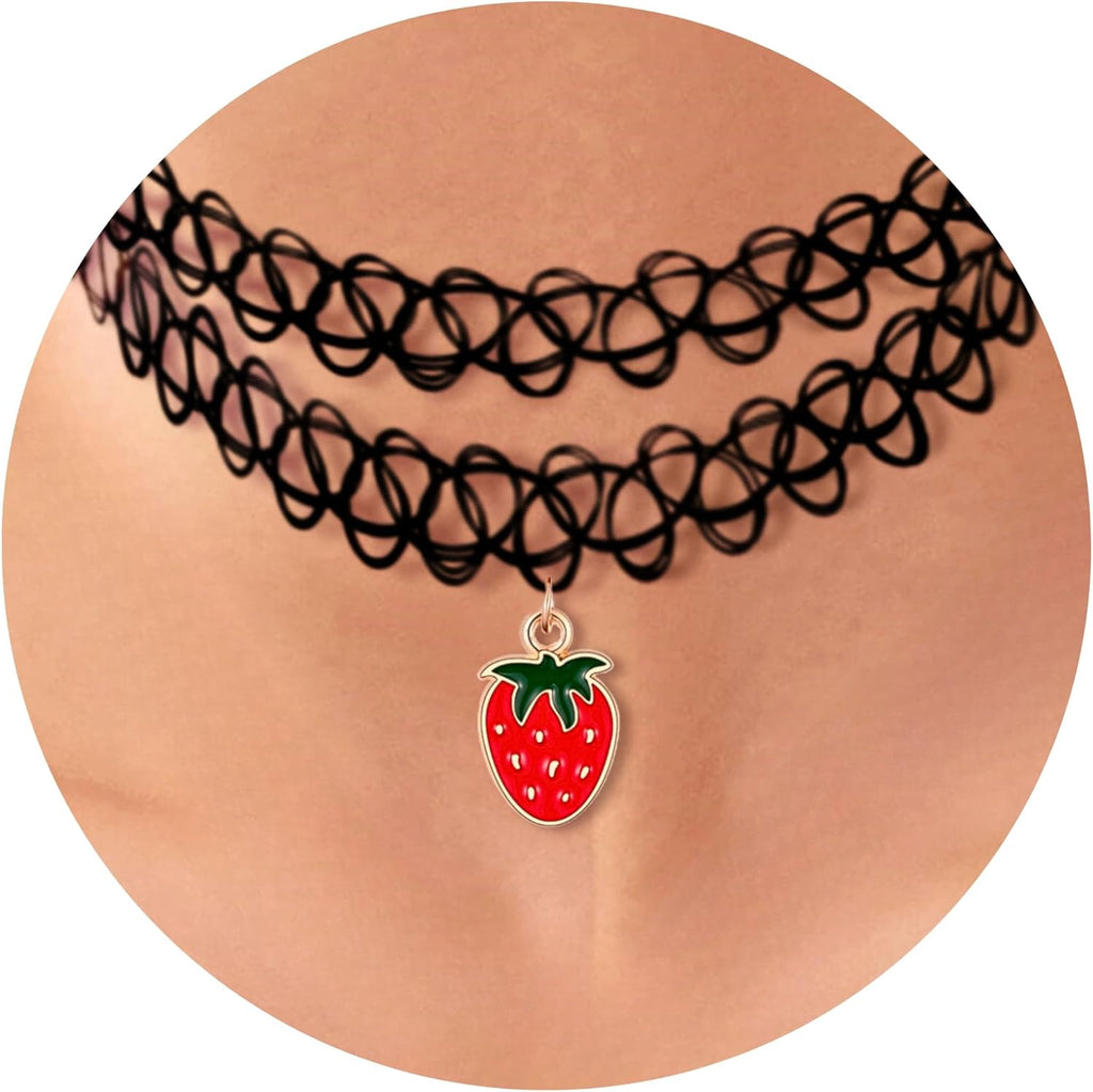 BodyJ4You 2PC Tattoo Choker Necklace - 90s Choker Necklace Women - 2000s Y2K Black Chokers Rainbow Choker - Butterfly Ying Yang Unicorn Rainbow Charms - Stretchy Elastic Necklace