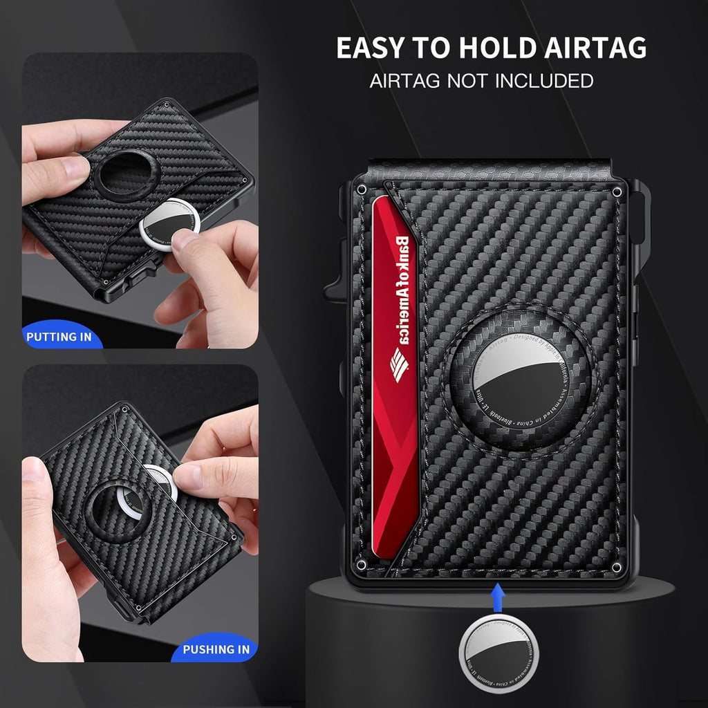 Airtag Wallet for Men, Mens Smart Wallet for Air Tag RFID Blocking, Minimalist Bifold Pop Up Aluminum Credit Card Case Holder 12+ Cards with ID Window, Gift for Men, No Airtag Included, Carbon Fiber