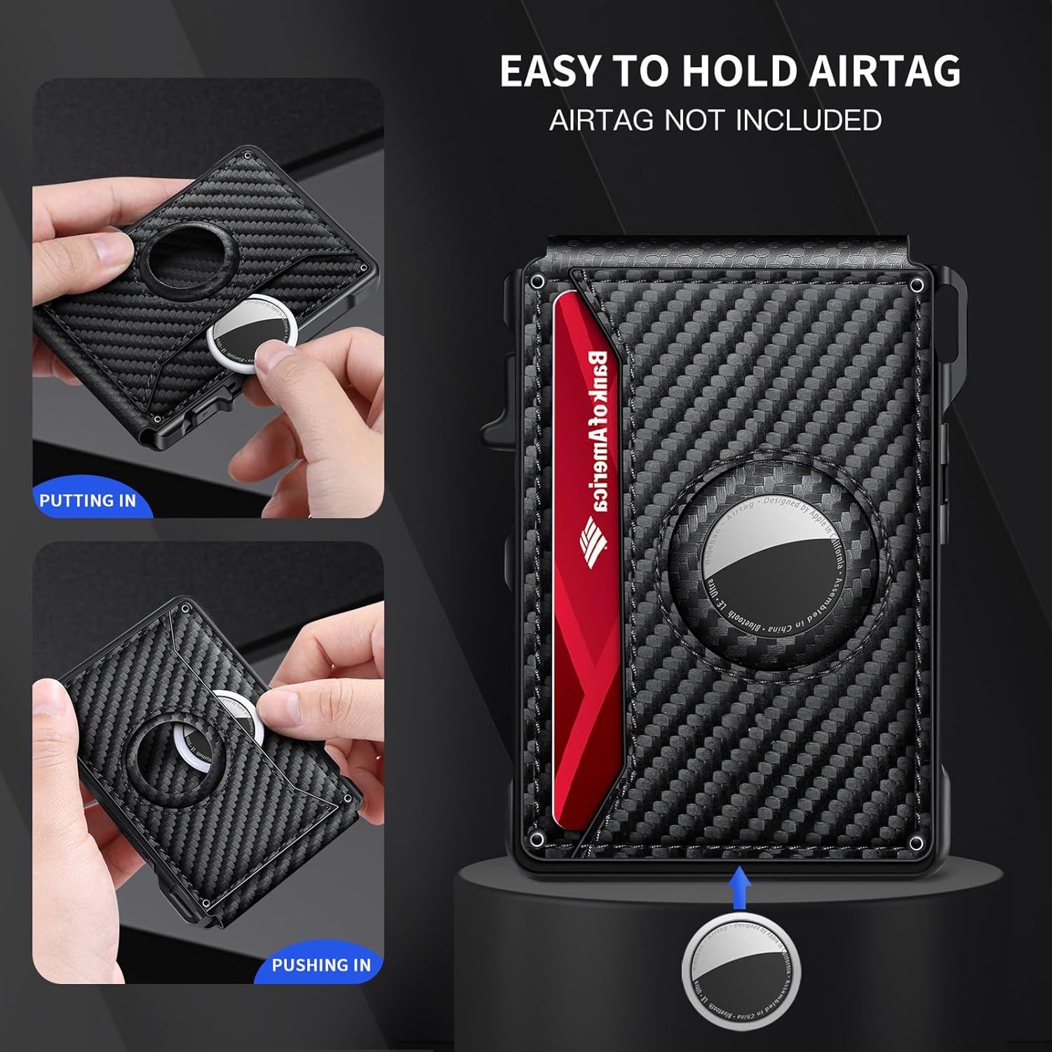 Airtag Wallet for Men, Mens Smart Wallet for Air Tag RFID Blocking, Minimalist Bifold Pop Up Aluminum Credit Card Case Holder 12+ Cards with ID Window, Gift for Men, No Airtag Included, Carbon Fiber