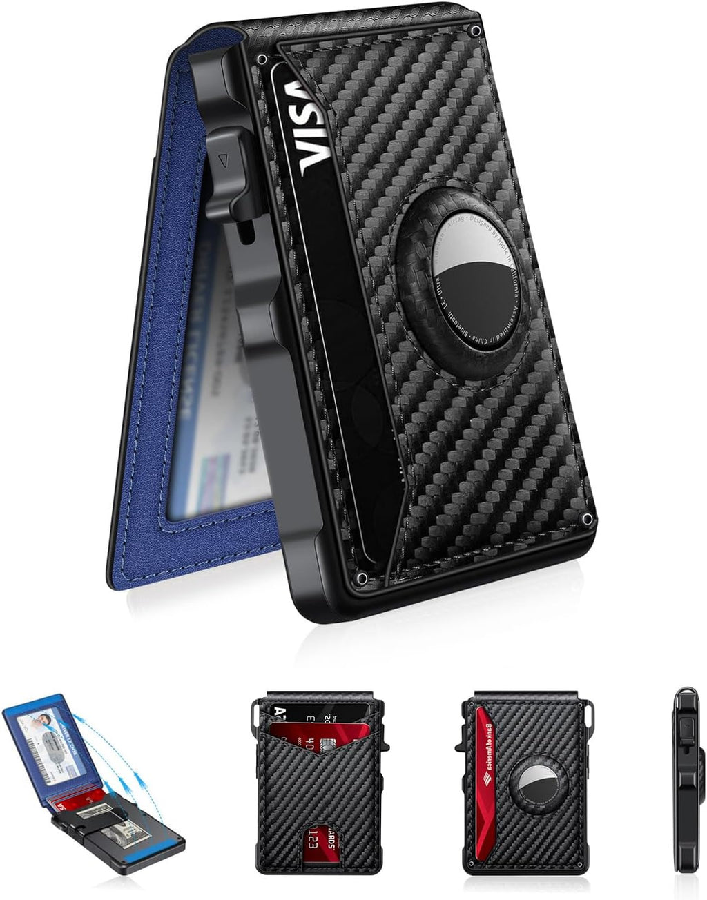 Airtag Wallet for Men, Mens Smart Wallet for Air Tag RFID Blocking, Minimalist Bifold Pop Up Aluminum Credit Card Case Holder 12+ Cards with ID Window, Gift for Men, No Airtag Included, Carbon Fiber