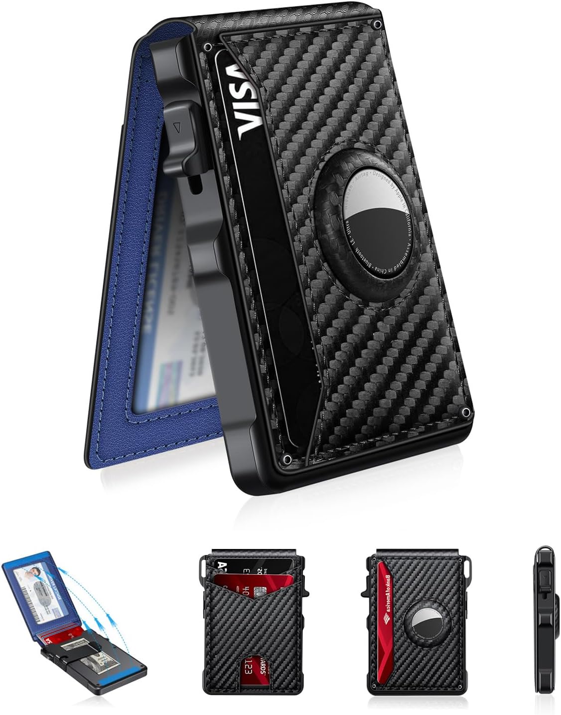 Airtag Wallet for Men, Mens Smart Wallet for Air Tag RFID Blocking, Minimalist Bifold Pop Up Aluminum Credit Card Case Holder 12+ Cards with ID Window, Gift for Men, No Airtag Included, Carbon Fiber