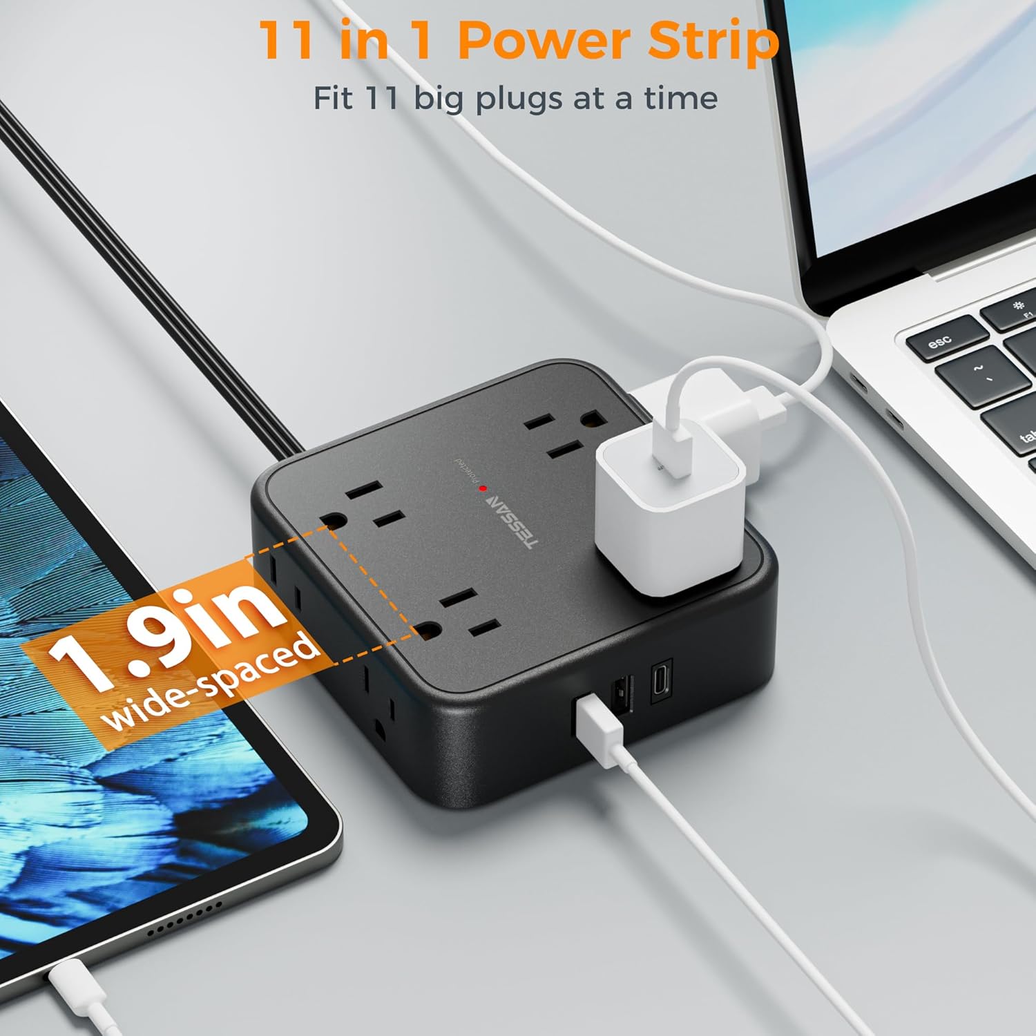 TESSAN Surge Protector Power Strip, 5 Ft Flat Plug Extension Cord with 3 USB (1 USB C) 8 Outlets, 900J Surge Protection, 3 Sided Outlet Extender with Power Switch for Office, Dorm Room Essentials