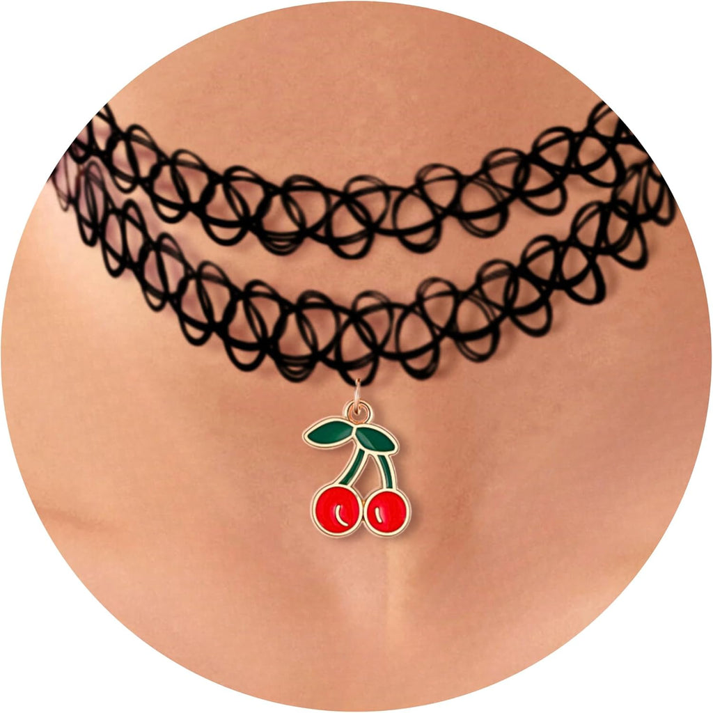 BodyJ4You 2PC Tattoo Choker Necklace - 90s Choker Necklace Women - 2000s Y2K Black Chokers Rainbow Choker - Butterfly Ying Yang Unicorn Rainbow Charms - Stretchy Elastic Necklace