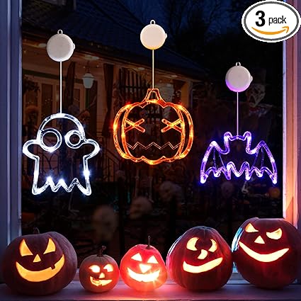 LOLStar Halloween Lights Decorations 2025 3-Pack Orange Pumpkin White Ghost Purple Bat Window Lights with Suction Cups, Battery Operated Halloween LED Lights Window Decor Slow Fade Mode and Timer
