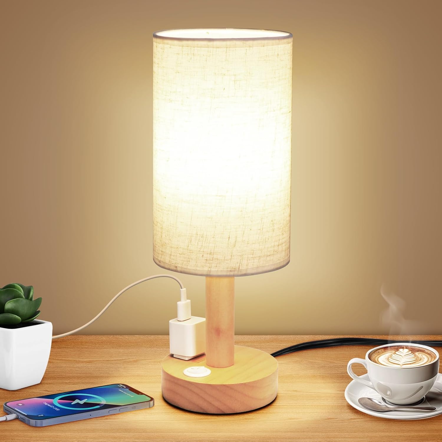 Small Bedside Table Lamp for Bedroom, Minimalist Wood Base & Round Fabric Shade, Mini Cute Cozy Warm White Nightstand Boho Lamp, Study Desk Night Stand Light for Room, Dorm, Nursery, Living Room