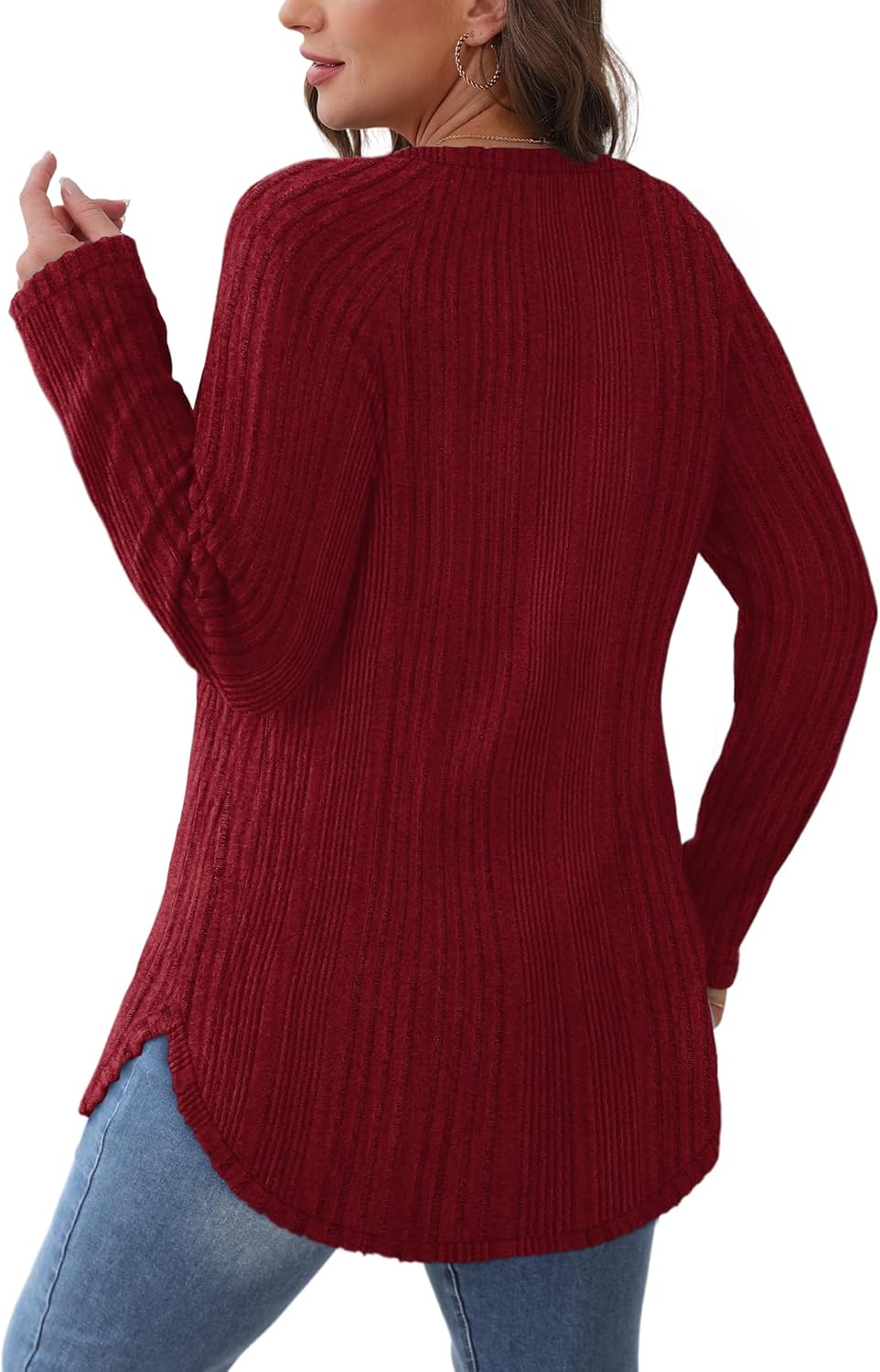 Saloogoe Long Sleeve Shirts for Women 2025 Fall Clothes Tunic Tops Loose Fit Dressy Crewneck Pullover Sweaters Curved Hem