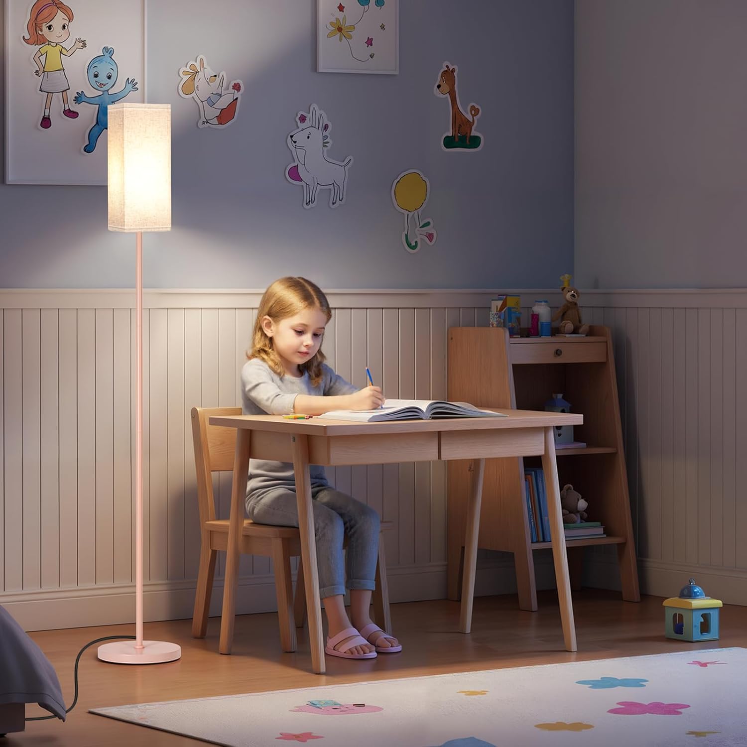 64.6" Floor Lamp, Pole with Foot Switch, Modern Standing Lamp Lampshade, Minimalist Freestanding Lamp (Bulb Not Included), for Living Room, Bedroom Office ETL Listed, Black and Beige E07LD05