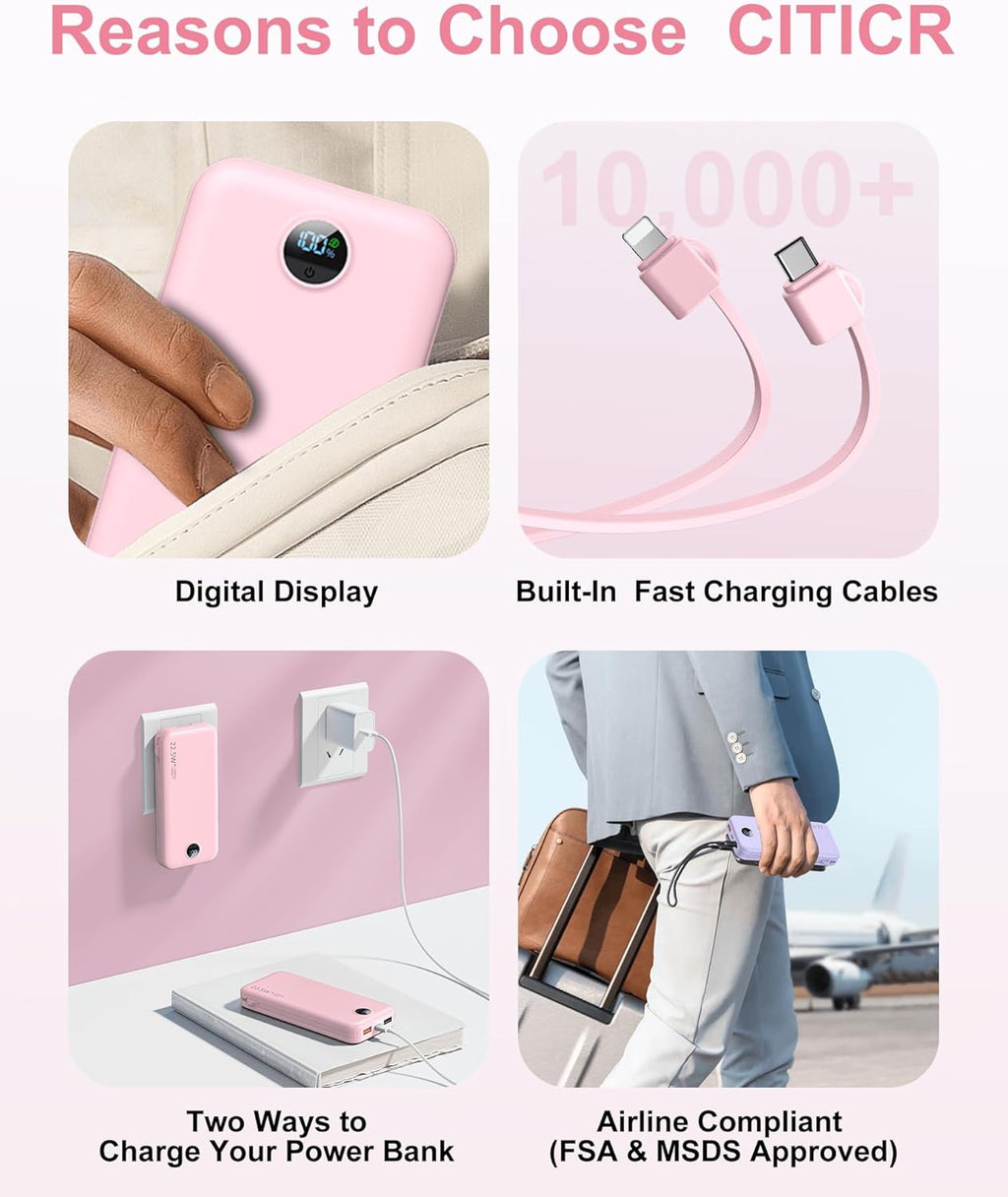 Portable Charger Power Bank, 12000mAh 22.5W USB C Fast Charging with Built-in Cables and Wall Plug, Travel Essential Battery Pack with LED Display for iPhone, iPad, Samsung Pink