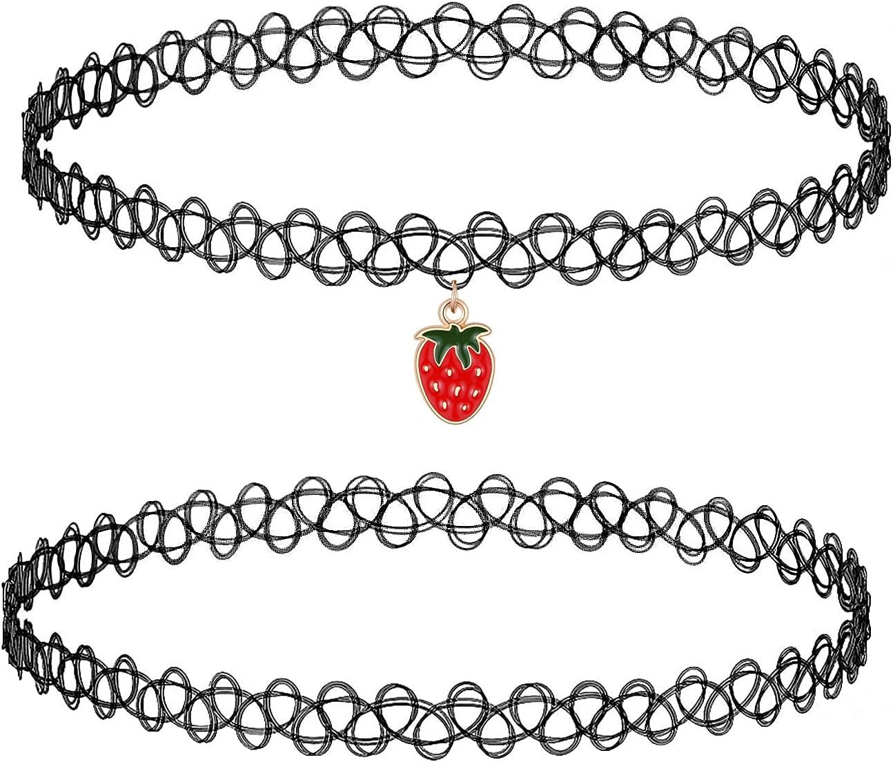 BodyJ4You 2PC Tattoo Choker Necklace - 90s Choker Necklace Women - 2000s Y2K Black Chokers Rainbow Choker - Butterfly Ying Yang Unicorn Rainbow Charms - Stretchy Elastic Necklace