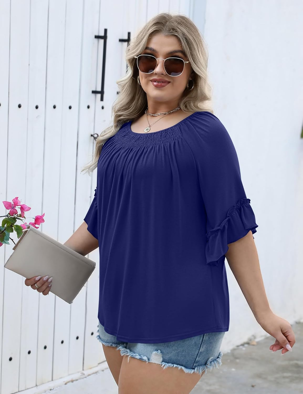 Micoson Womens Plus Size Tops 3/4 Ruffle Sleeve Shirts Crewneck Pleated Blouses Dressy Casual Fashion Tunic Top (1X-5X)