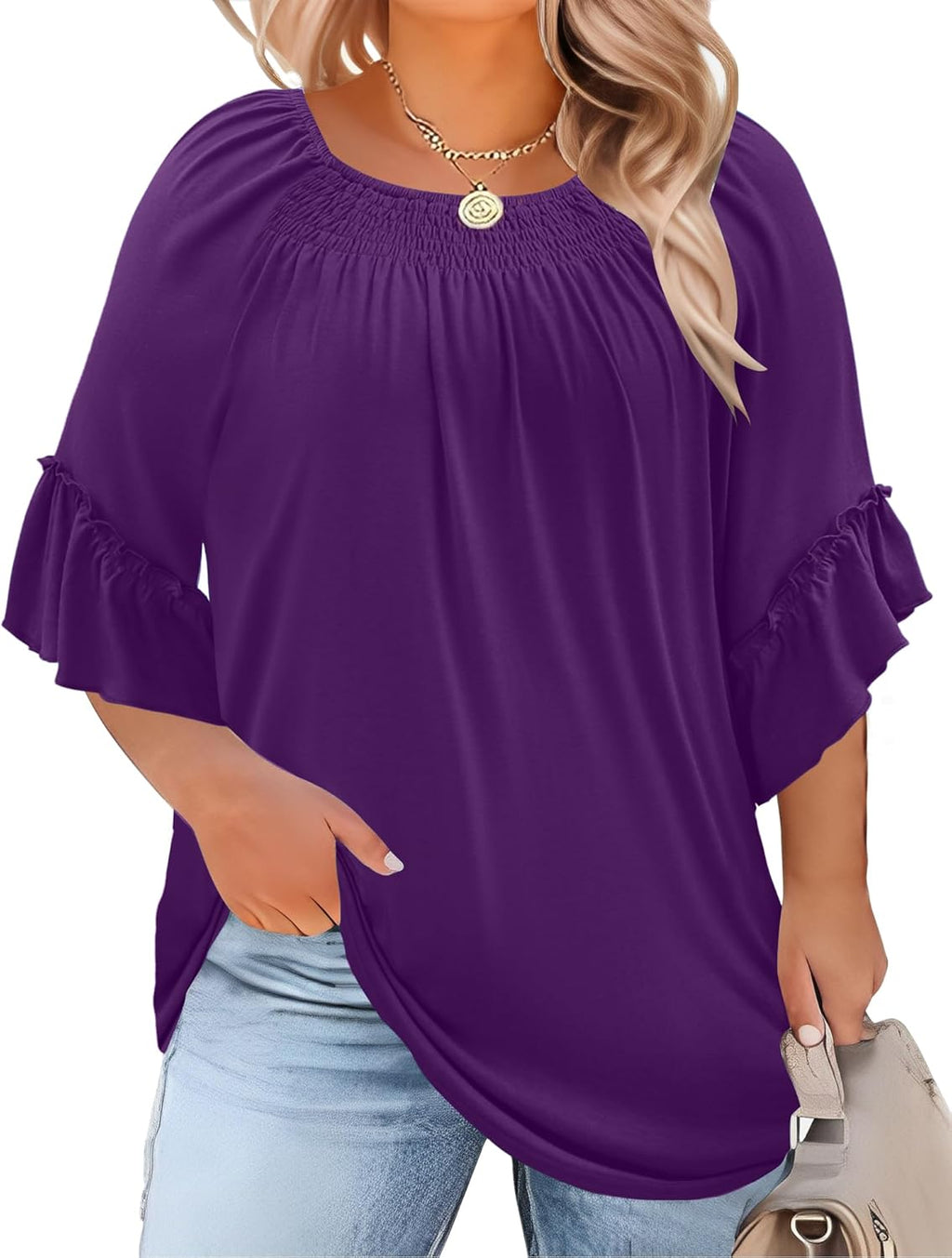 Micoson Womens Plus Size Tops 3/4 Ruffle Sleeve Shirts Crewneck Pleated Blouses Dressy Casual Fashion Tunic Top (1X-5X)