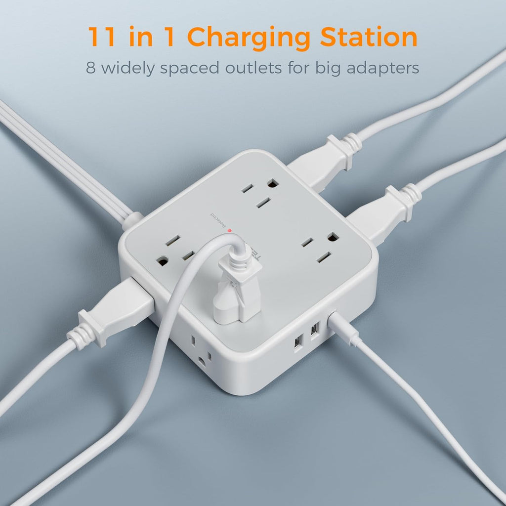 TESSAN Surge Protector Power Strip, 5 Ft Flat Plug Extension Cord with 3 USB (1 USB C) 8 Outlets, 900J Surge Protection, 3 Sided Outlet Extender with Power Switch for Office, Dorm Room Essentials