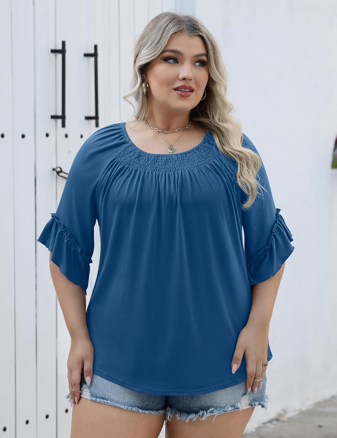 Micoson Womens Plus Size Tops 3/4 Ruffle Sleeve Shirts Crewneck Pleated Blouses Dressy Casual Fashion Tunic Top (1X-5X)