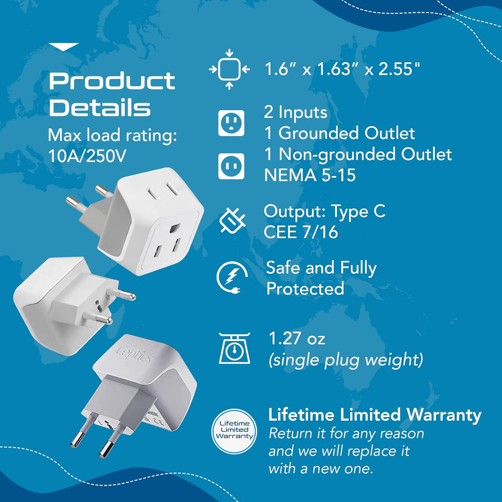 Ceptics Universal Travel Adapter, 35W International Power Adapter with PD & QC 3.0 Dual USB-C, 3 USB Travel Adapter Worldwide, Type I C G A Outlets 110V 220V A/C - EU Euro US UK (11-KU)