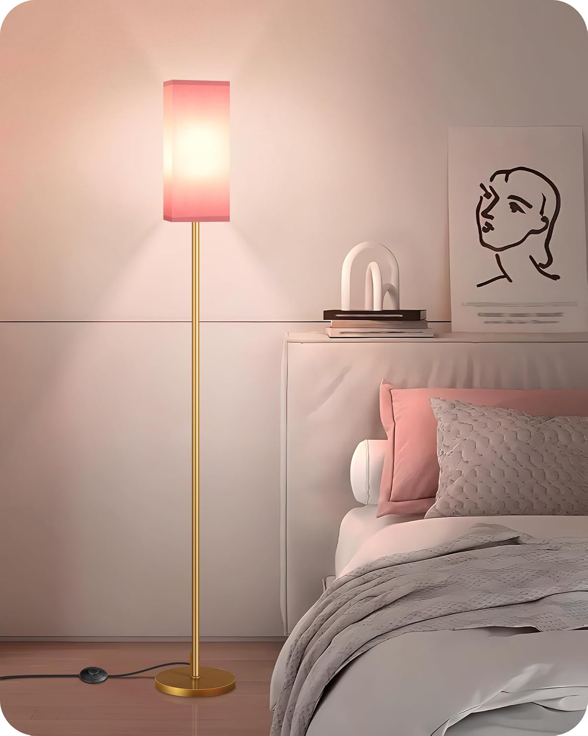 64.6" Floor Lamp, Pole with Foot Switch, Modern Standing Lamp Lampshade, Minimalist Freestanding Lamp (Bulb Not Included), for Living Room, Bedroom Office ETL Listed, Black and Beige E07LD05