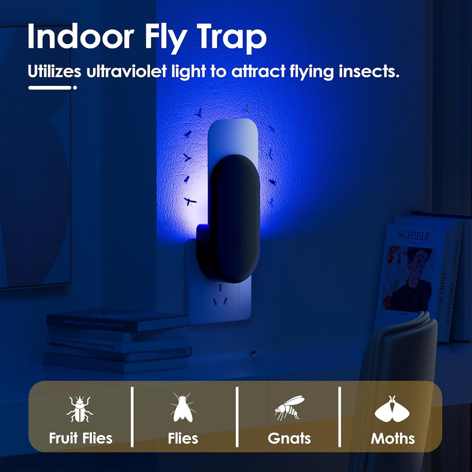 Flying Insect Trap, 2 in 1 Indoor Plug-in Fruit Fly Trap, 1 Trap White and 6 Glue Cards, Fruit Fly Traps for Gnat, Moth, Mosquito, Suitable for Every Part of The Home