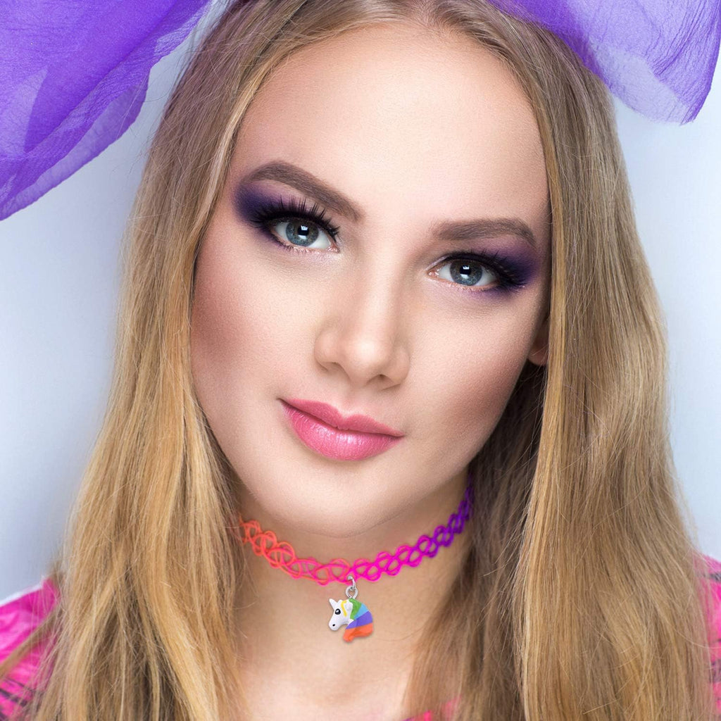 BodyJ4You 2PC Tattoo Choker Necklace - 90s Choker Necklace Women - 2000s Y2K Black Chokers Rainbow Choker - Butterfly Ying Yang Unicorn Rainbow Charms - Stretchy Elastic Necklace