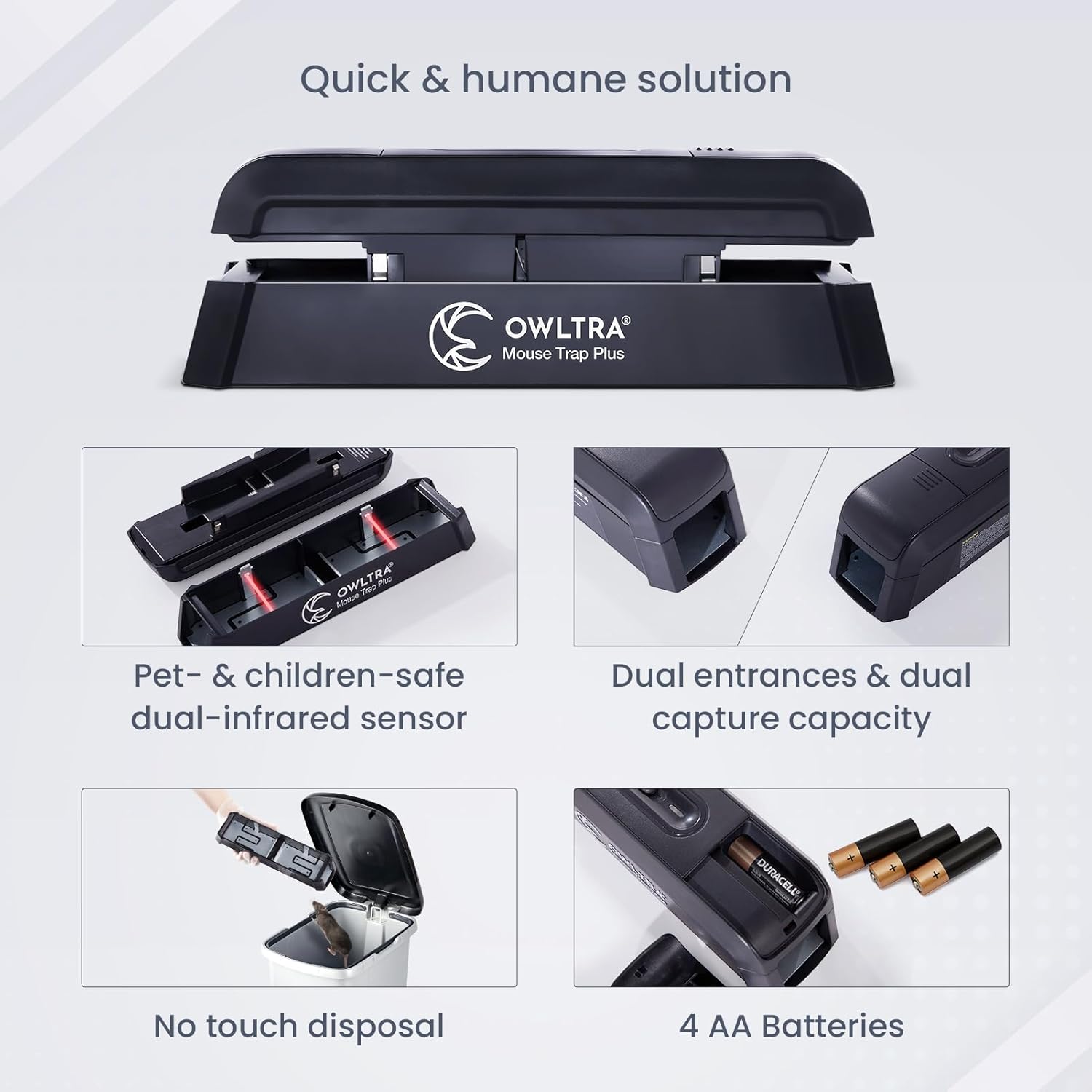 OWLTRA OW-2 Indoor Electric Mouse Trap 2 PCS, Instant Kill Rodent Zapper with Pet Safe Trigger, Black