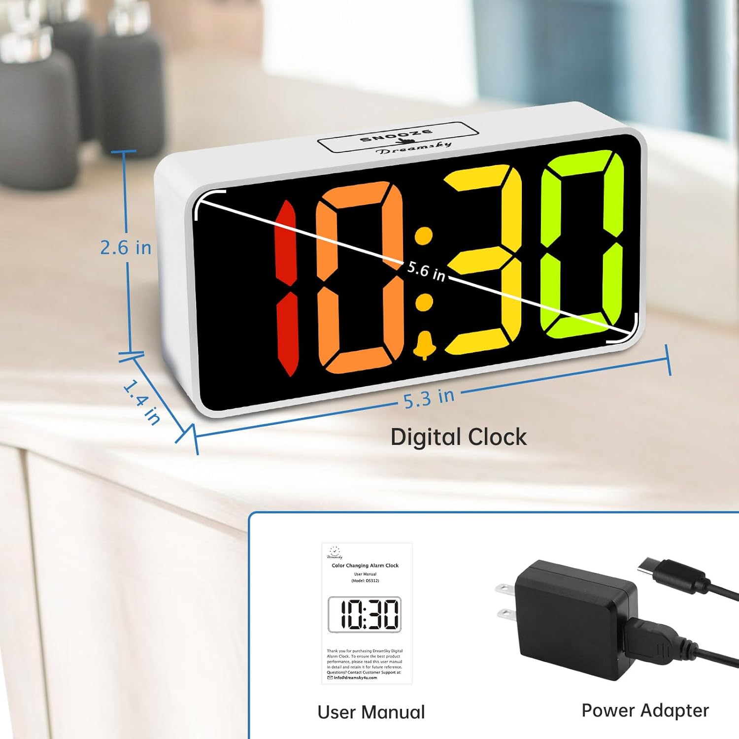 DreamSky Small Digital Alarm Clock for Bederoom, Large Big Numbers Display with Dimmer for Living Room, Electric Bedside Desk Clock with USB Charging Port, Adjustable Volume, USB-C Adapter Powered
