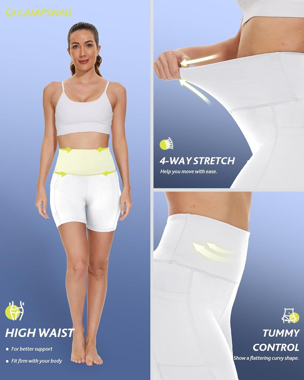 CAMPSNAIL Biker Shorts Women with Pockets - 3"/5"/8" High Waisted Workout Spandex Tummy Control Gym Running Yoga Shorts