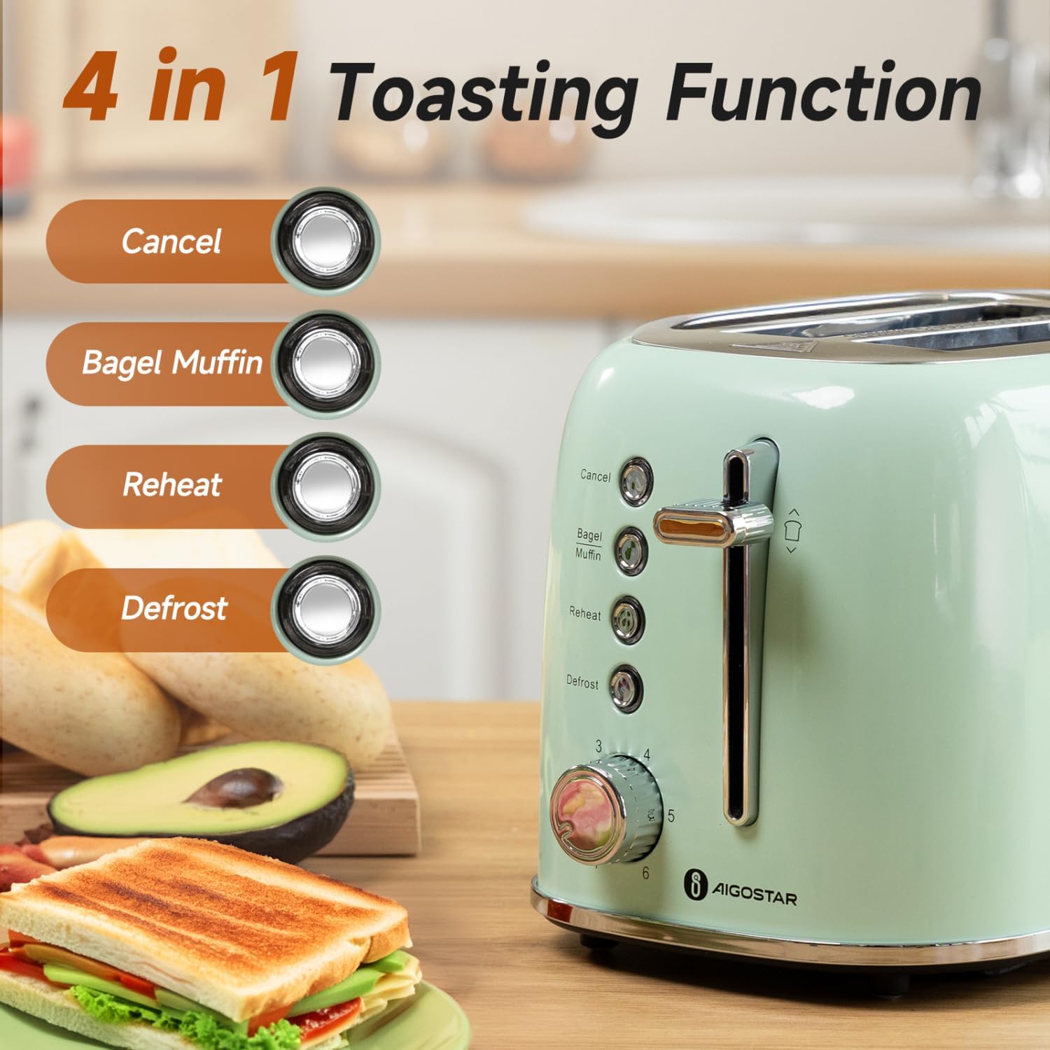 Aigostar Toaster 2 Slice, Retro Extra-Wide Slot Toasters Best Rated Prime for Toasting Bagels, Breads, Waffles & More, Cancel, Defrost & 6 Browning, Removable Crumb Tray, Stainless Steel, Cream White
