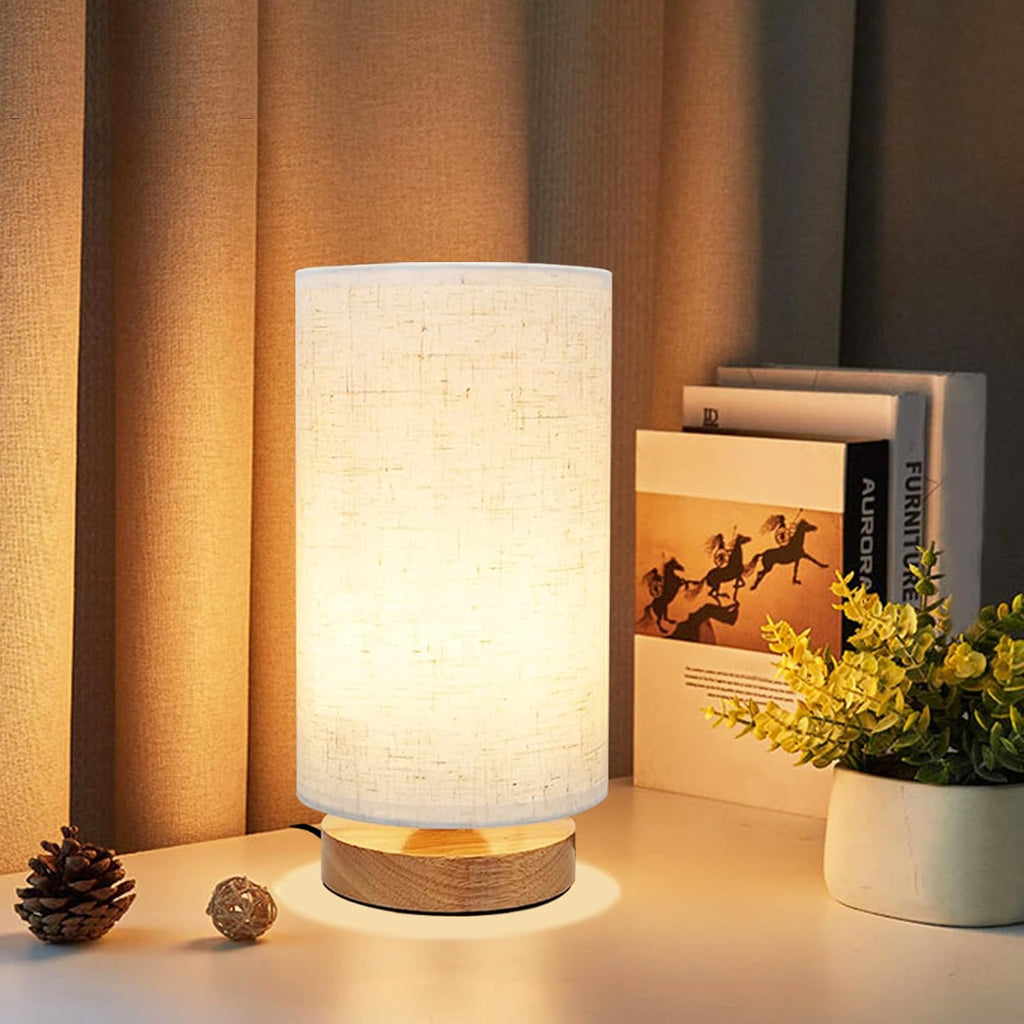 Small Bedside Table Lamp for Bedroom, Minimalist Wood Base & Round Fabric Shade, Mini Cute Cozy Warm White Nightstand Boho Lamp, Study Desk Night Stand Light for Room, Dorm, Nursery, Living Room