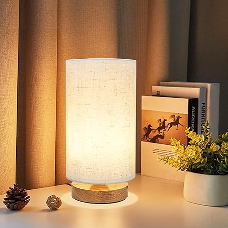 Small Bedside Table Lamp for Bedroom, Minimalist Wood Base & Round Fabric Shade, Mini Cute Cozy Warm White Nightstand Boho Lamp, Study Desk Night Stand Light for Room, Dorm, Nursery, Living Room