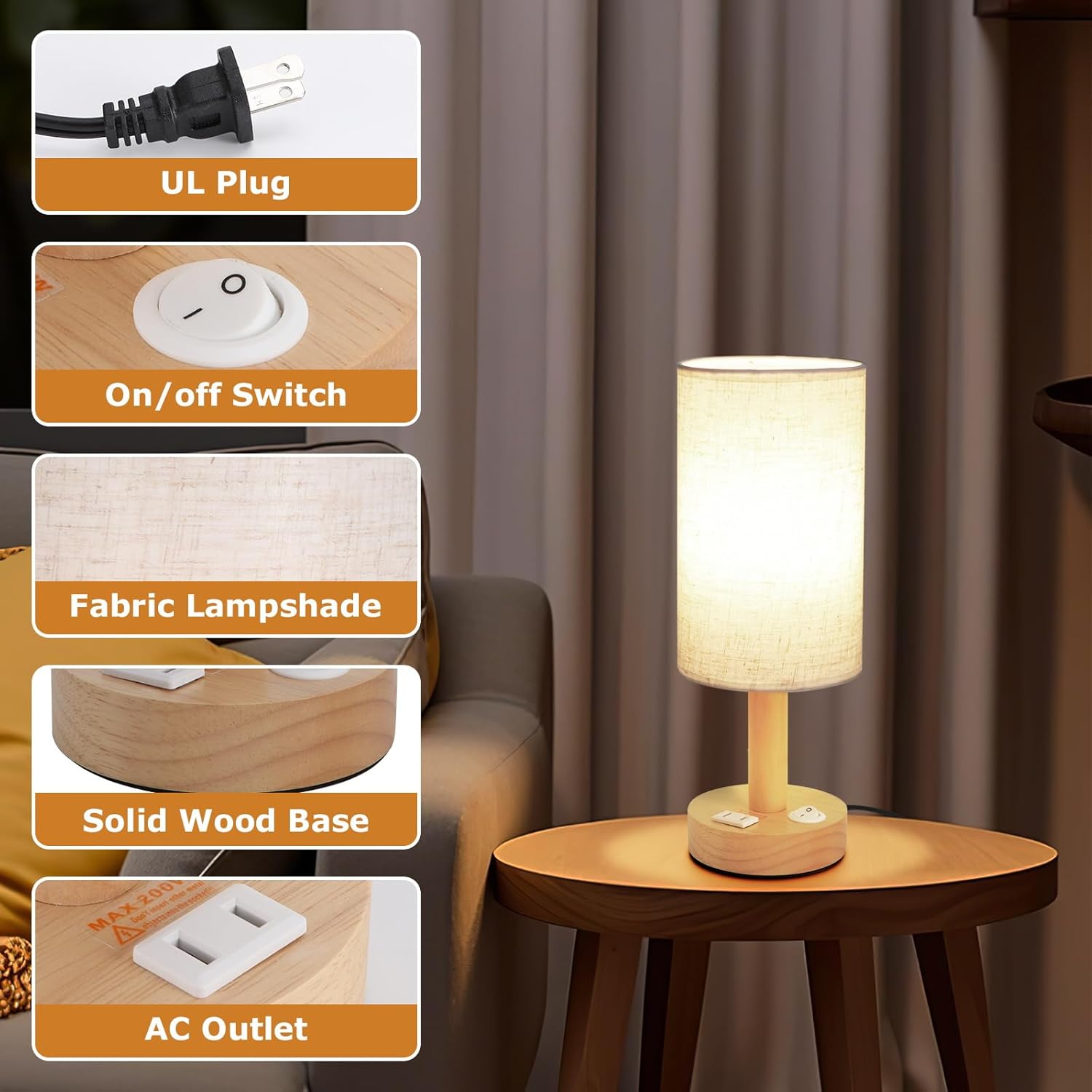 Small Bedside Table Lamp for Bedroom, Minimalist Wood Base & Round Fabric Shade, Mini Cute Cozy Warm White Nightstand Boho Lamp, Study Desk Night Stand Light for Room, Dorm, Nursery, Living Room