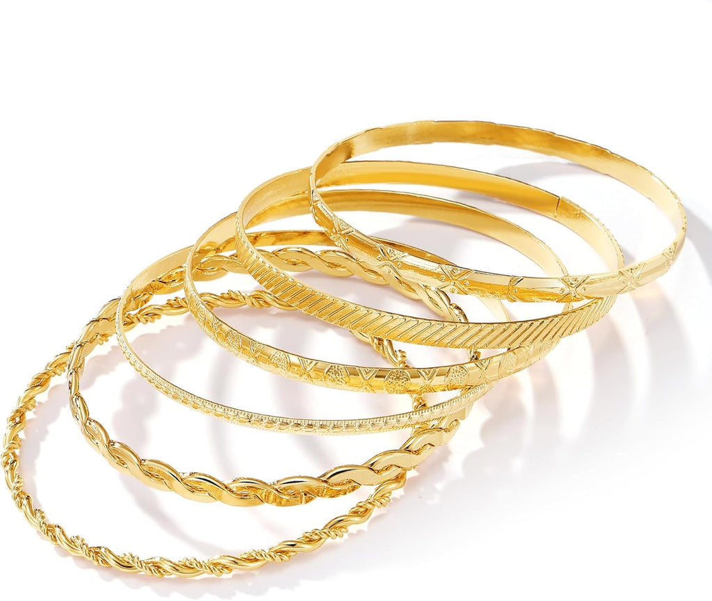 IFKM Gold Bangle Bracelets For Women, 14k Gold Plated Multi Layer Stackable Cuff Bracelet Set, Trendy Elegance Charms Non Tarnish Minimalist Textured Boho Jewelry Gift for Women