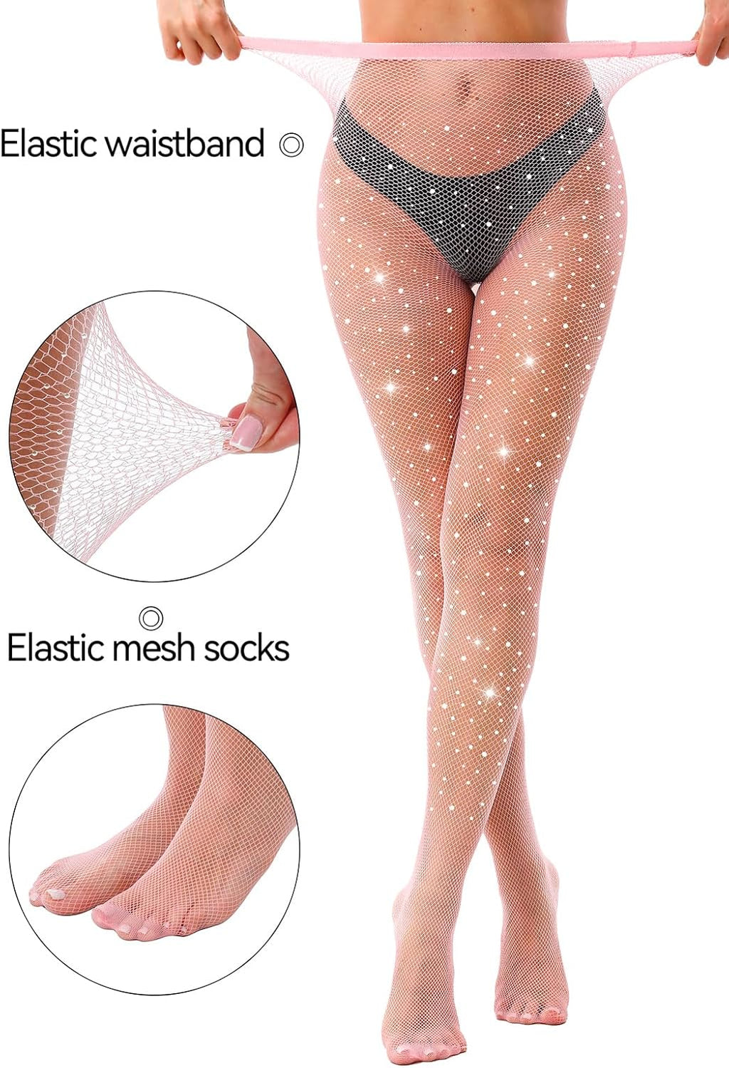 VEBZIN Sexy Sparkly Fishnets Stockings Jeweled High Waist Fishnet Tights for Women Rhinestone Party Pantyhose
