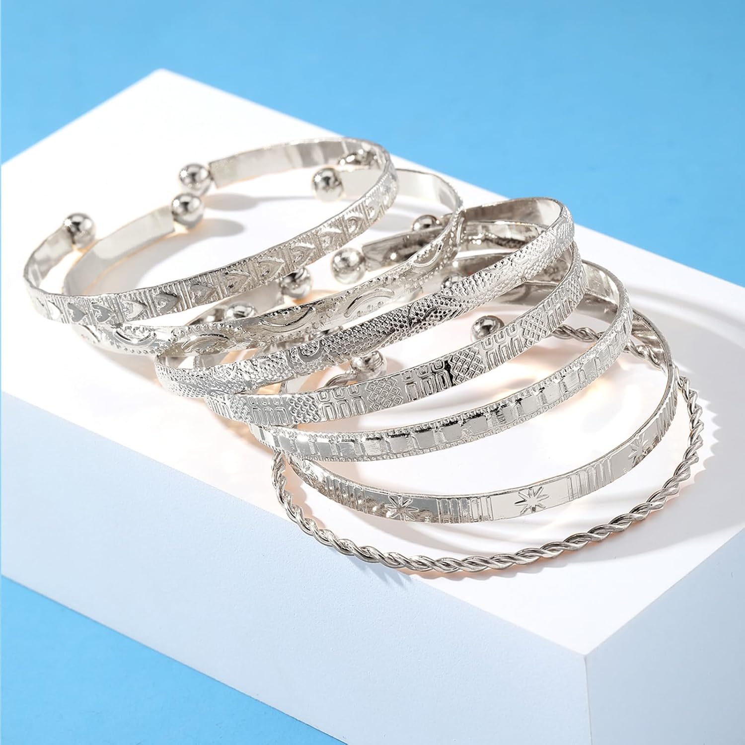 IFKM Gold Bangle Bracelets For Women, 14k Gold Plated Multi Layer Stackable Cuff Bracelet Set, Trendy Elegance Charms Non Tarnish Minimalist Textured Boho Jewelry Gift for Women