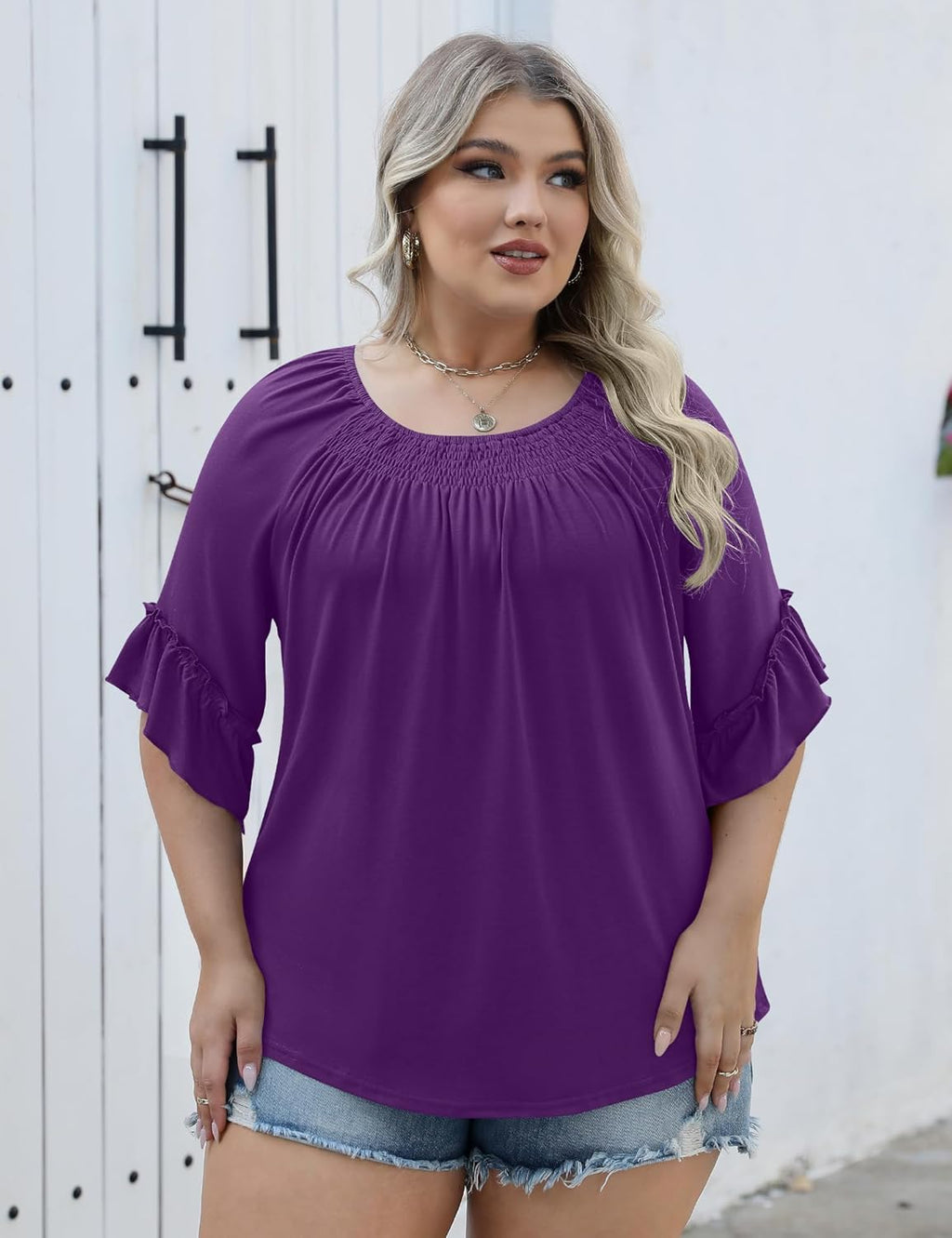 Micoson Womens Plus Size Tops 3/4 Ruffle Sleeve Shirts Crewneck Pleated Blouses Dressy Casual Fashion Tunic Top (1X-5X)