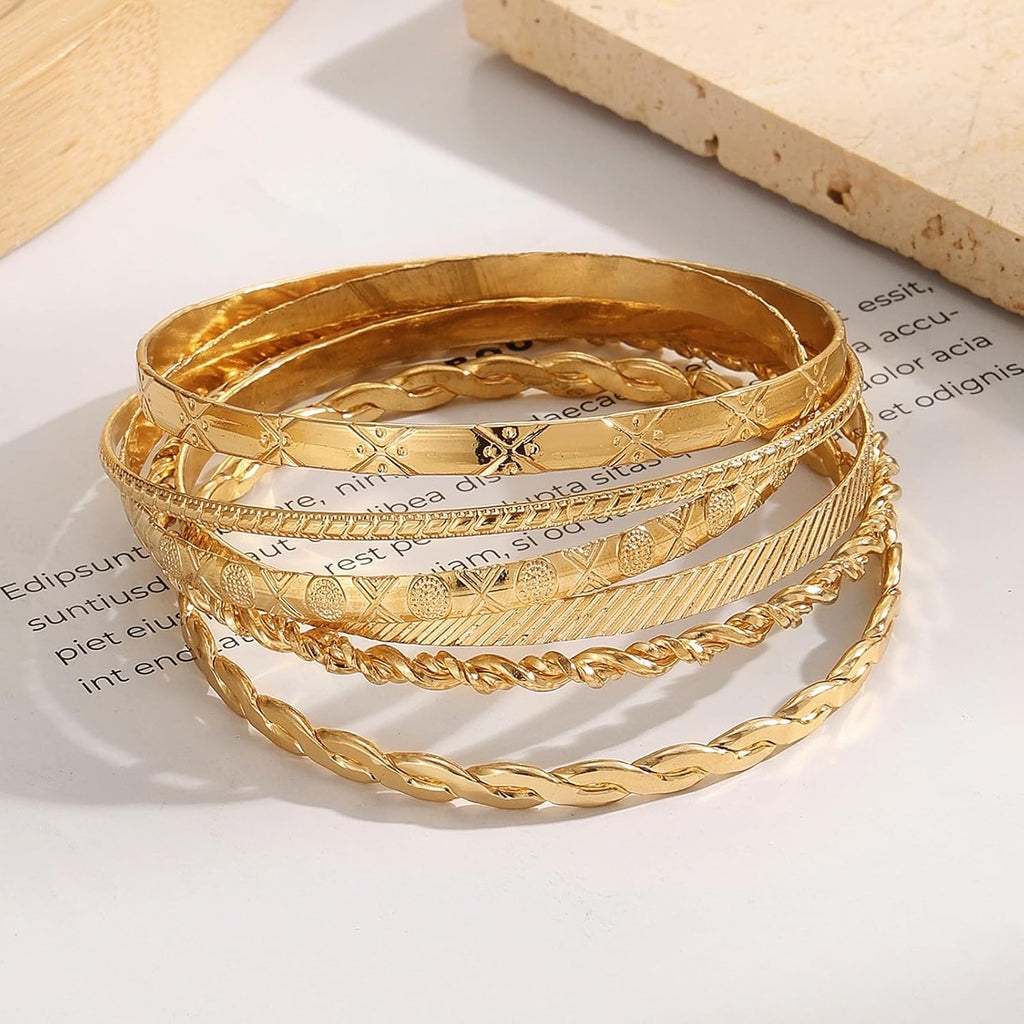 IFKM Gold Bangle Bracelets For Women, 14k Gold Plated Multi Layer Stackable Cuff Bracelet Set, Trendy Elegance Charms Non Tarnish Minimalist Textured Boho Jewelry Gift for Women