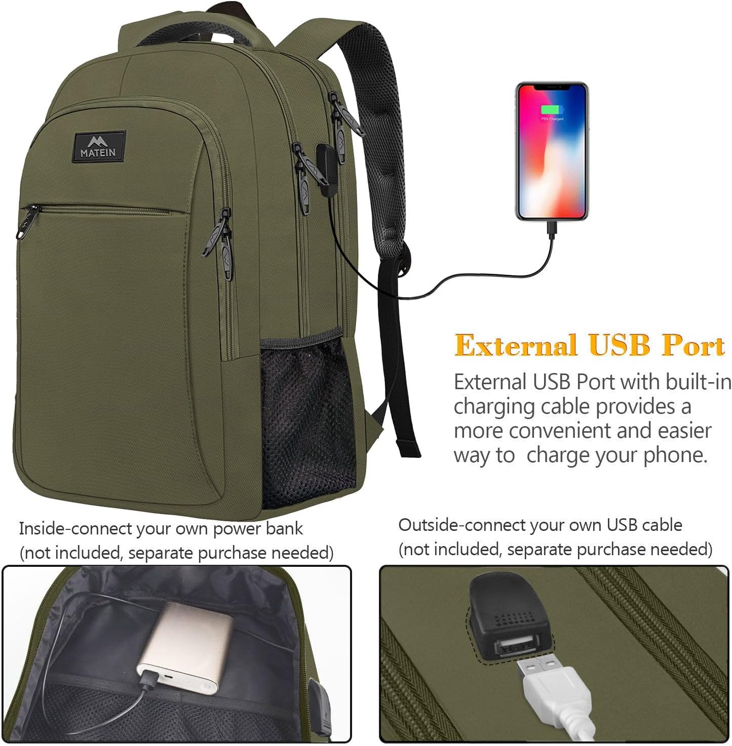 MATEIN Travel Laptop Backpack, Business Anti Theft Slim Sturdy Laptops Backpack with USB Charging Port, Water Resistant College School Computer Bag Gift for Men & Women Fits 15.6 Inch Notebook, Grey