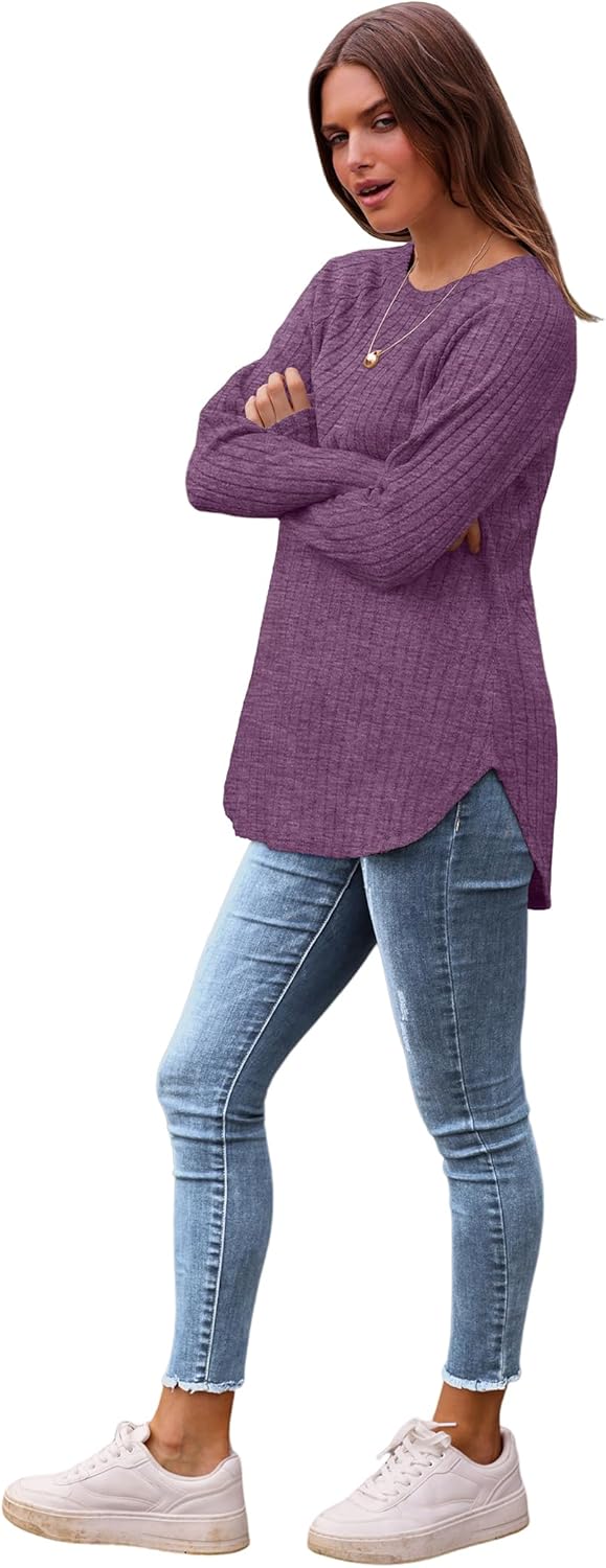 Saloogoe Long Sleeve Shirts for Women 2025 Fall Clothes Tunic Tops Loose Fit Dressy Crewneck Pullover Sweaters Curved Hem