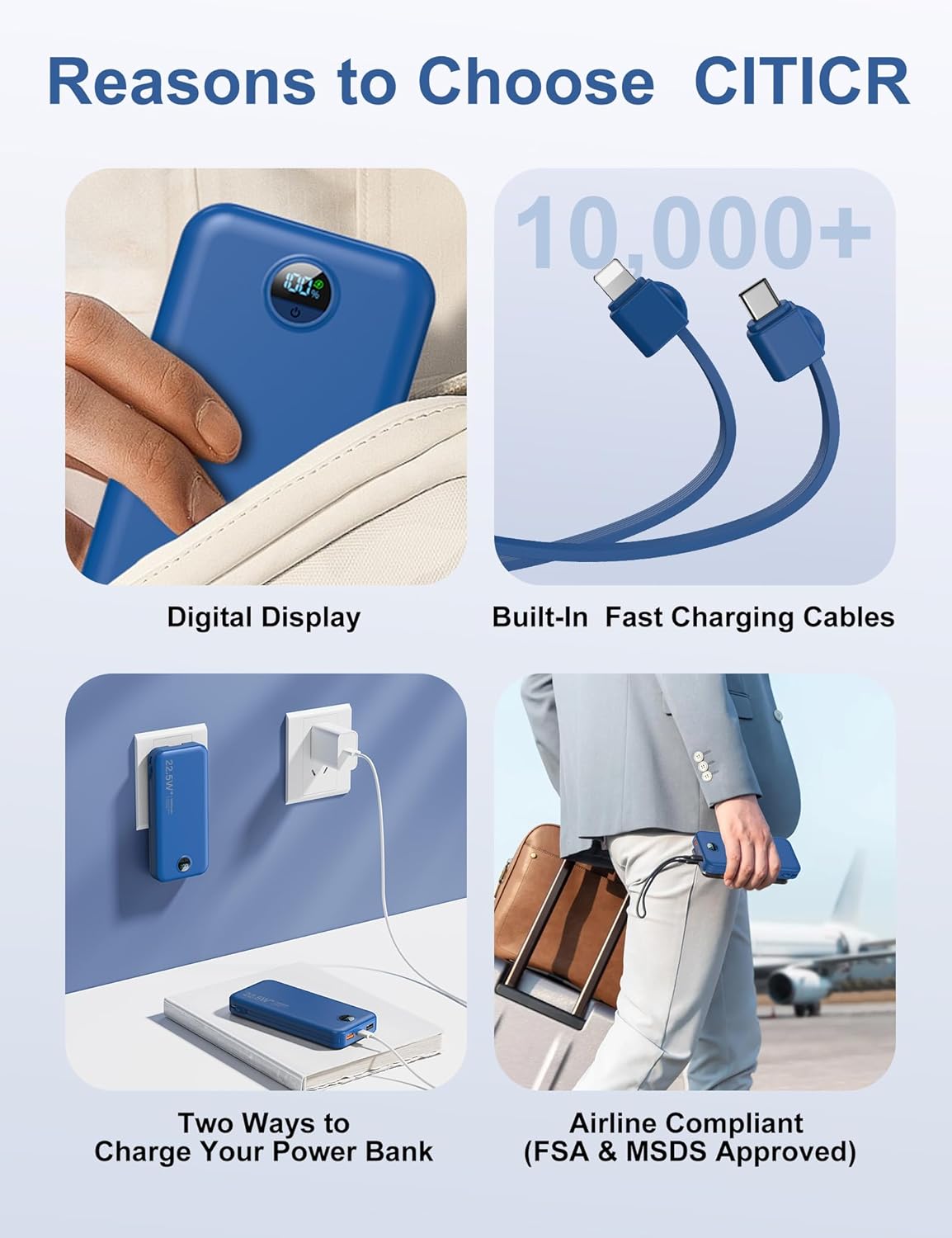 Portable Charger Power Bank, 12000mAh 22.5W USB C Fast Charging with Built-in Cables and Wall Plug, Travel Essential Battery Pack with LED Display for iPhone, iPad, Samsung Pink