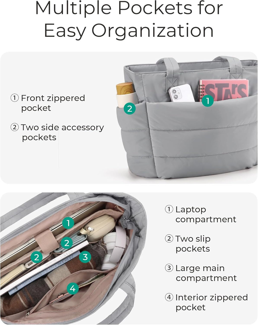 BAGSMART Tote Bag for Women, Lightweight Puffy Tote Bag with Compartments Shoulder Bag Handbag for Travel, Work, Gym