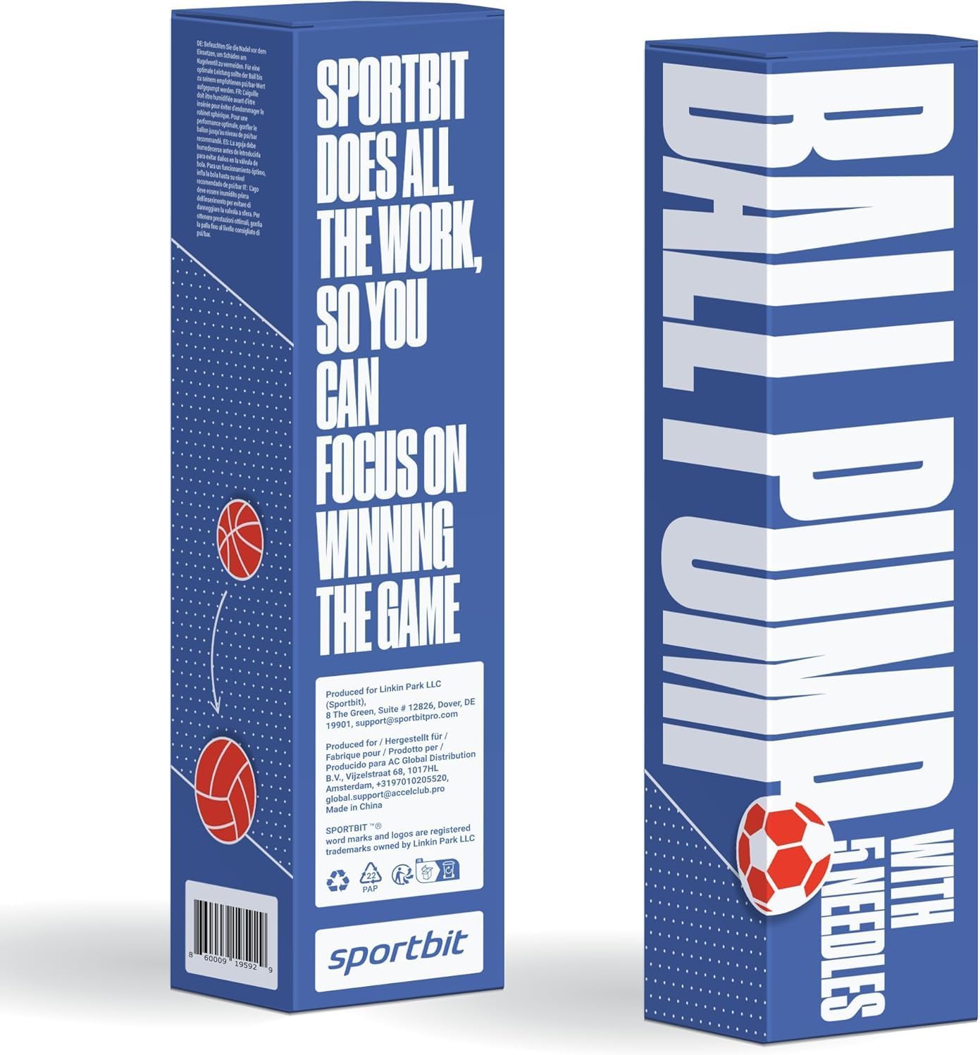 SPORTBIT Ball Pump for Sports Balls - Push & Pull Inflating System - Hand Pump for All Exercise Balls - Volleyball Pump, Basketball Inflator, Football & Soccer Ball Air Pump - Goes with 5 Needles Set