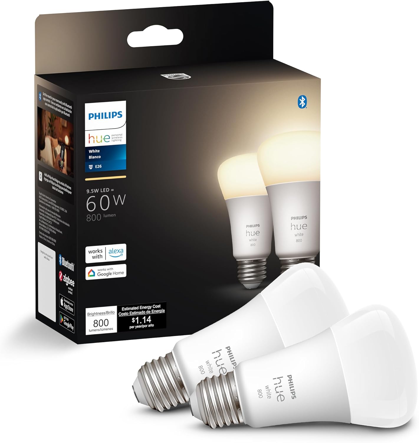Philips Hue Smart 60W A19 LED Bulb - Soft Warm White Light - 4 Pack - 800LM - E26 - Indoor - Control with Hue App - Works with Alexa, Google Assistant and Apple Homekit