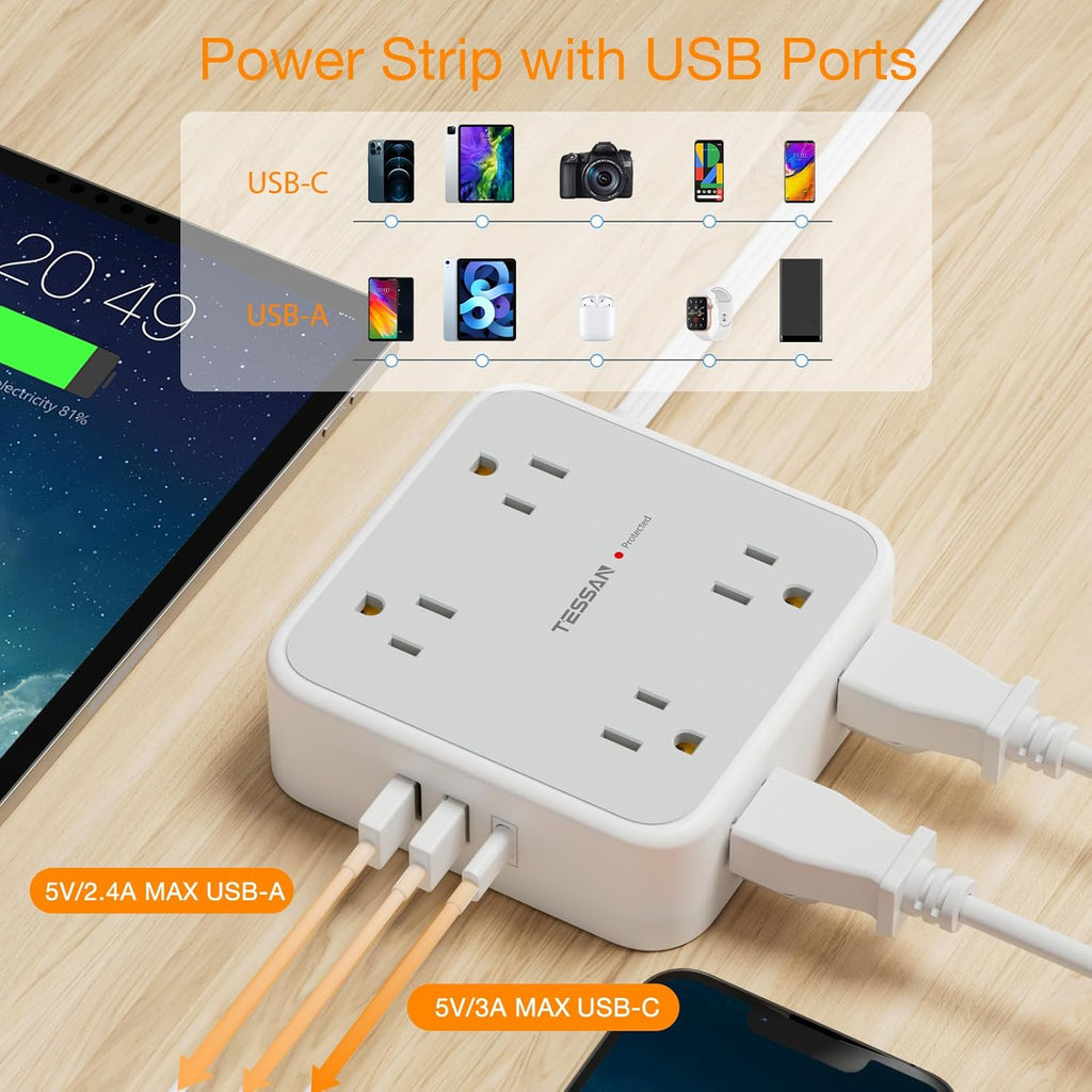 TESSAN Surge Protector Power Strip, 5 Ft Flat Plug Extension Cord with 3 USB (1 USB C) 8 Outlets, 900J Surge Protection, 3 Sided Outlet Extender with Power Switch for Office, Dorm Room Essentials