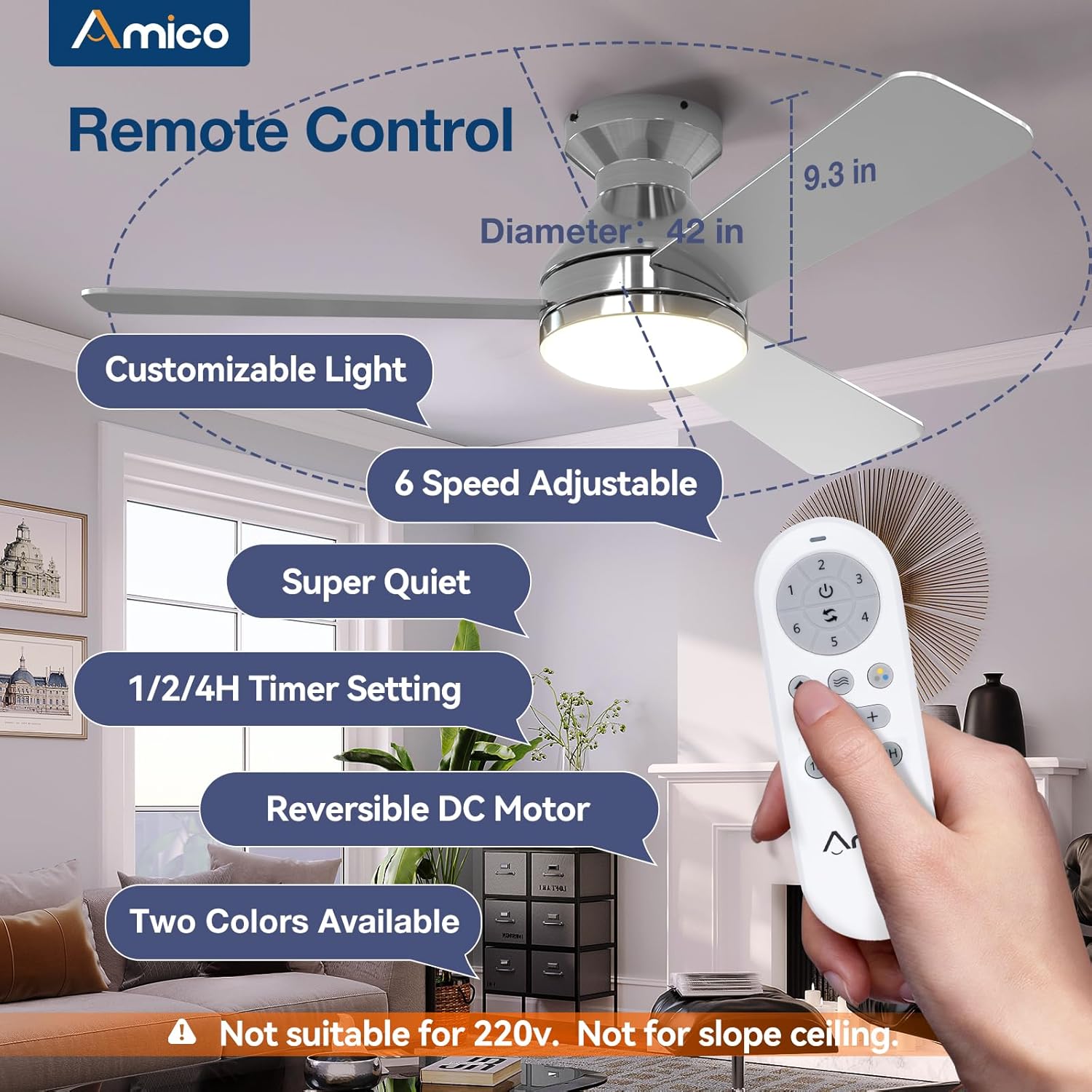 Amico Ceiling Fans with Lights, 42 inch Low Profile Ceiling Fan with Light and Remote Control, Flush Mount, Reversible, 3CCT, Dimmable, Noiseless, Black Ceiling Fan for Bedroom, Indoor/Outdoor Use