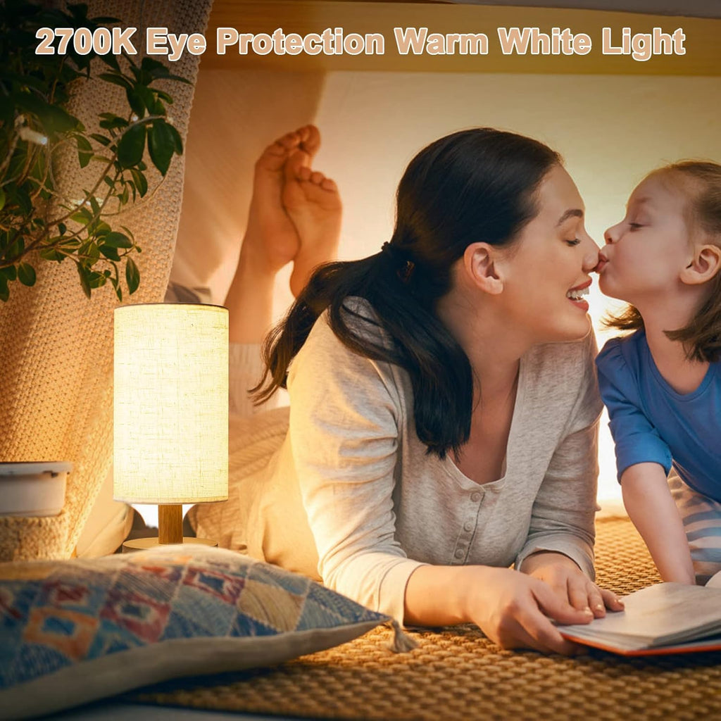 Small Bedside Table Lamp for Bedroom, Minimalist Wood Base & Round Fabric Shade, Mini Cute Cozy Warm White Nightstand Boho Lamp, Study Desk Night Stand Light for Room, Dorm, Nursery, Living Room