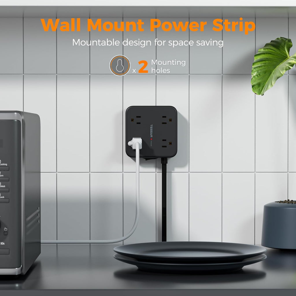 TESSAN Surge Protector Power Strip, 5 Ft Flat Plug Extension Cord with 3 USB (1 USB C) 8 Outlets, 900J Surge Protection, 3 Sided Outlet Extender with Power Switch for Office, Dorm Room Essentials