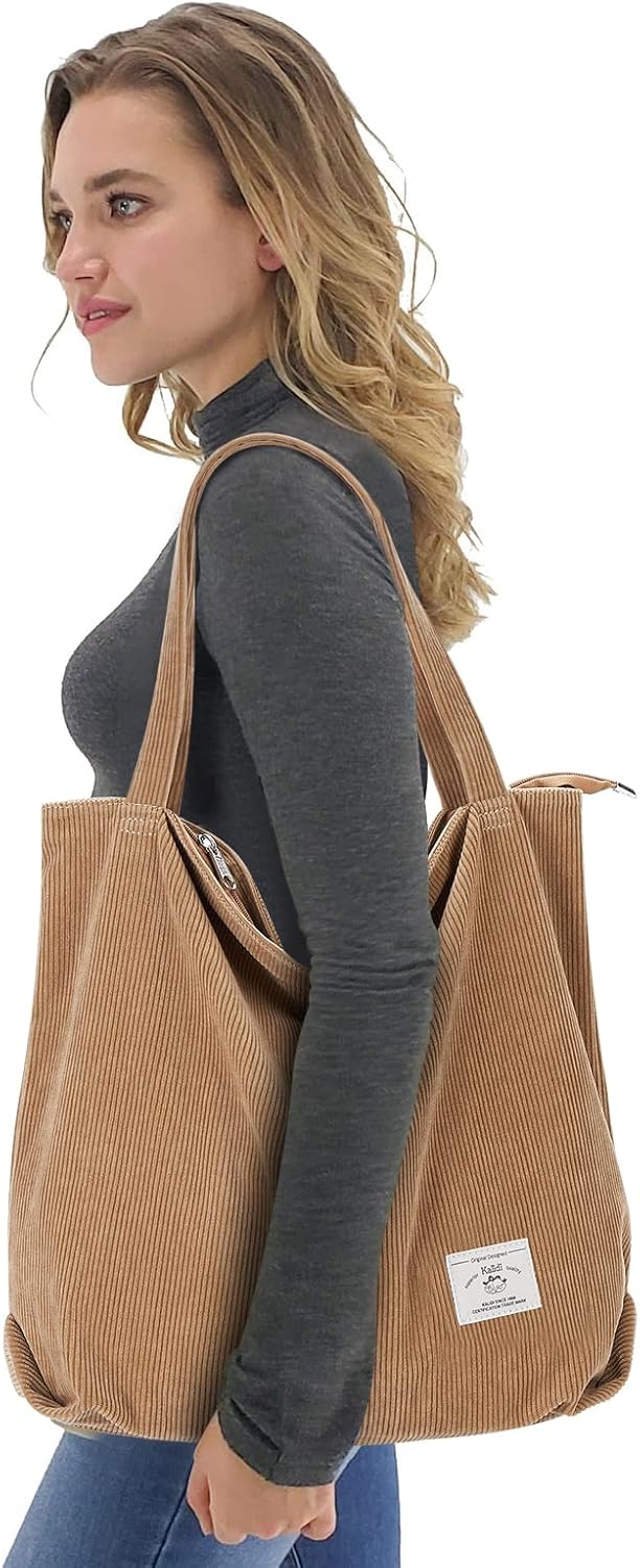 KALIDI Women Corduroy Tote Bag Zipper Casual Tote's Handbag Big Capacity Shoulder Bag with Pockets