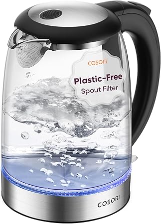 Cosori Electric Kettle, No Plastic Filter & Spout, 1.8Qt Tea Kettle & Hot Water Boiler For Coffee & Tea, Water Heater & Teapot, Automatic Shut Off, Borosilicate glass, Black, 1500W